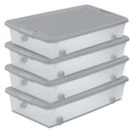Sterilite 4-Pack 56 Quart Wheeled Latching Box, Underbed Plastic Storage Organizer, Silver - Under Bed Rolling Container Bin with Lid and Wheels for Home or Dorm Bedrooms and Closets