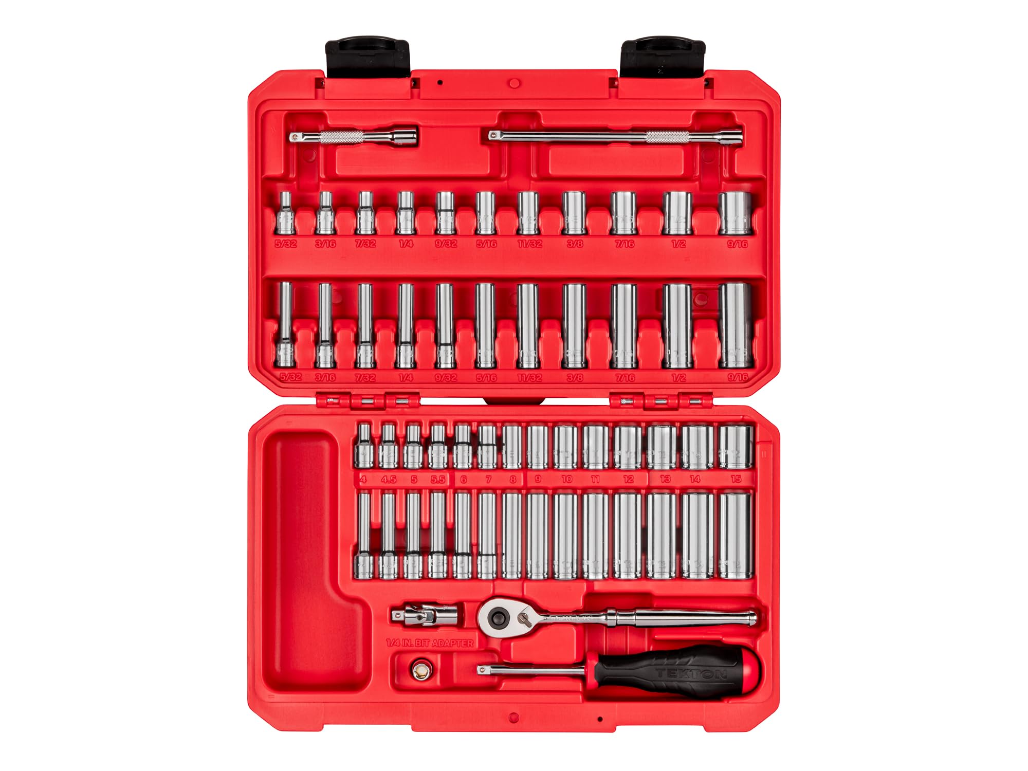 71erjrpPlAL TEKTON 1/4 Inch Drive Shallow and Deep 12-Point Socket and Ratchet Set with Case, 56-Piece (5/32-9/16 in., 4-15 mm) | SKT05304 - Image 1