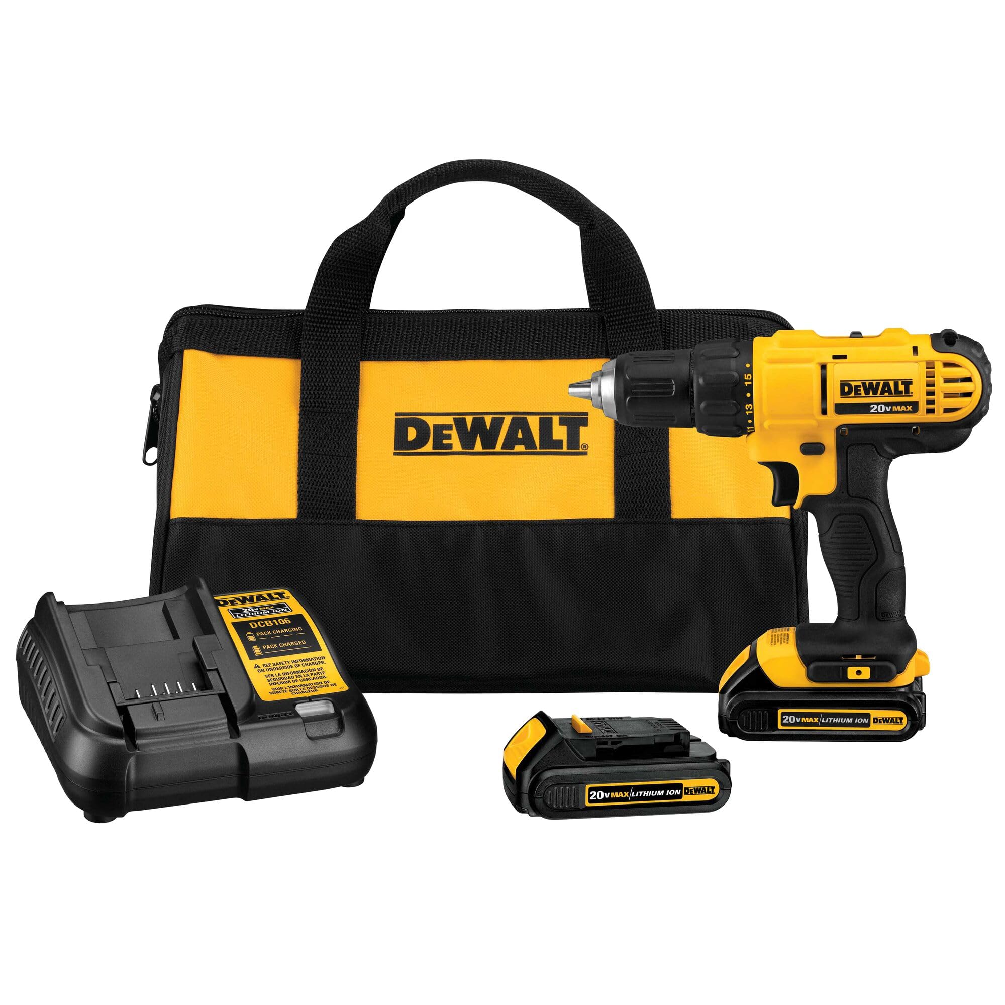 81nfnQMs75L DEWALT 20V Max Cordless Drill Driver Set, 2 Speed, High Performance Motor, Includes 2 XR 1.3Ah Li-Ion Batteries, Charger and Contractor Bag (DCD771C2) - Image 1